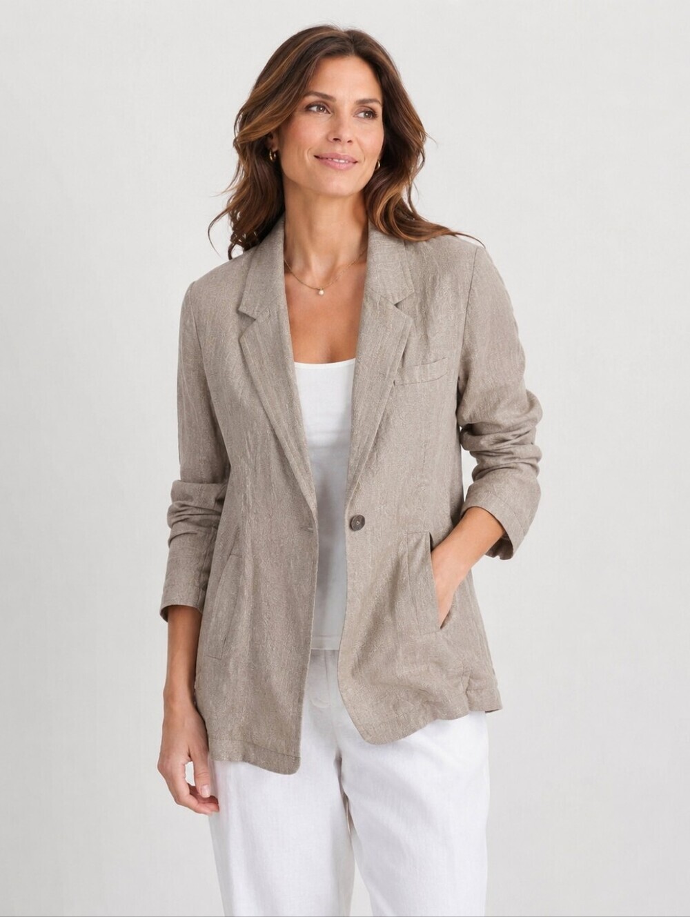 Soft Surroundings Linen Blend Blazer Jacket Women XS Beige Taupe Relaxed Boho.